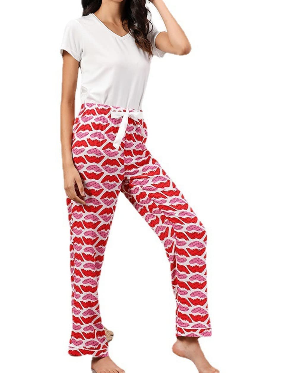 Pijama De Mujer Manga Corta,Pantalones Con Estampado De Labios En La Parte Superior Blanca Pijama De Manga Corta De Verano Para Mujer Conjunto De 2 Piezas Pijama De Moda Suave Ropa De Salón Regalo