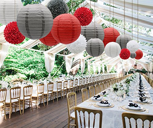 Image of KAXIXI 15-Pack Red-White-Gray Party Decorations, Paper Lanterns & Pom Poms
