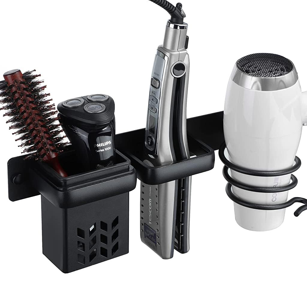 HASTHIP® 3 in 1 Hair Dryer Stand for Wall, Mounted Rack, Blow Dryer Holder & Styling Care Tool Organizer - Storage Basket With Plug Hook, Black-image-21