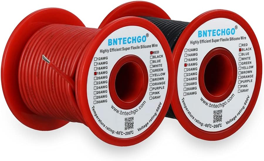 BNTECHGO 18 Gauge Silicone Wire Spool Red and Black Each 100ft Flexible 18 AWG Stranded Tinned Copper Wire