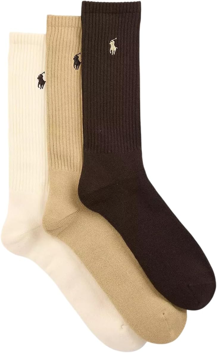 POLO RALPH LAUREN Big and Tall 3 Pack Coffee Brown Polo Pony Crew Socks