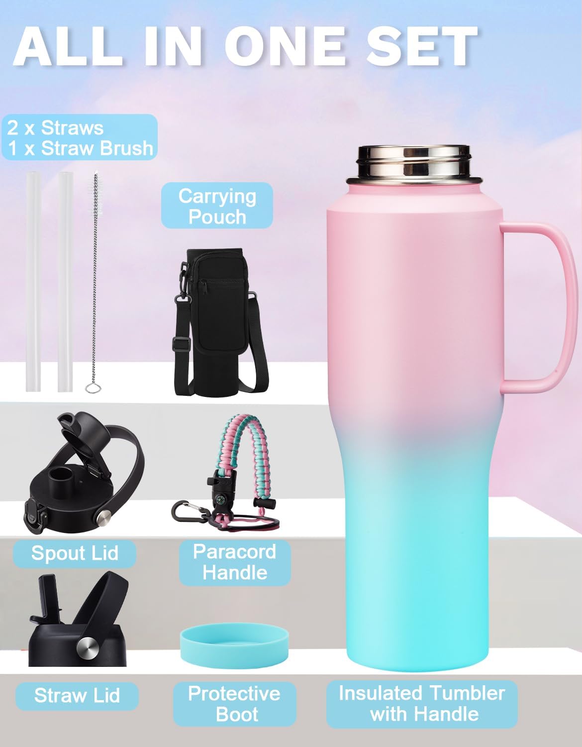 32 OZ Insulated Water Bottle Tumbler - with Straw & Spout Lid, Paracord Handle, Stap Carrying Case, Cold-48H & Hot-24H, Stainless Steel Tumblers with Handle, Slim Water Bottle that Fits in Cup Holder - Image 7