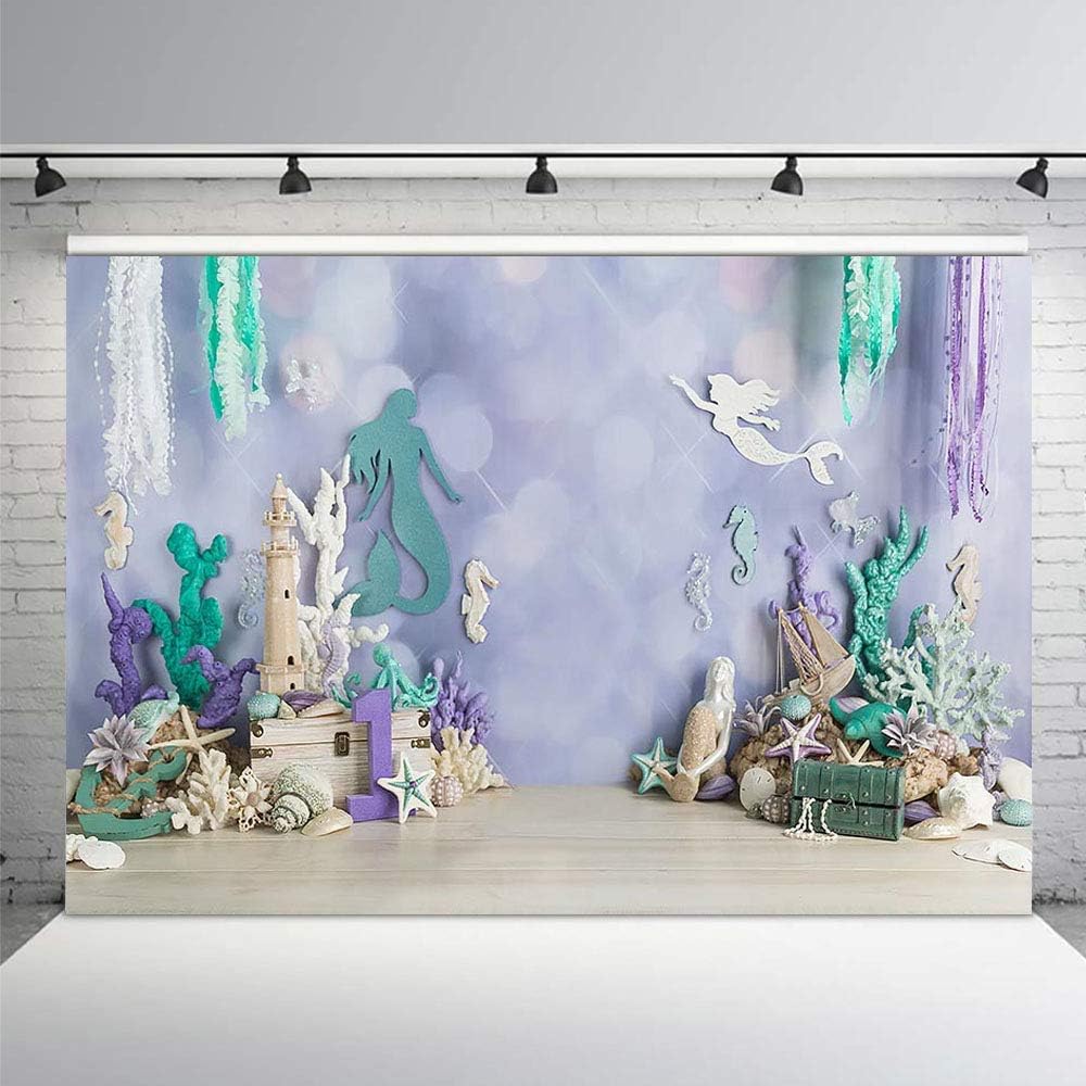 MEHOFOND7x5ft Mermaid Under The Sea Photography Backdrop Props Ocean Purple and Teal Girl One Birthday Party Decoration Starfish Shell Ocean Theme Photo Studio Booth Portrait Background
