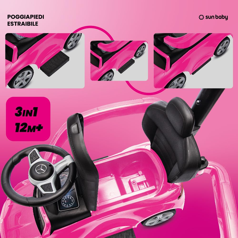 sun baby Macchinina Cavalcabile per Bambini, Macchina a spinta da 12 mesi, schienale alto, volante audio, poggiapiedi estensibili, vano portaoggetti (Rosa)