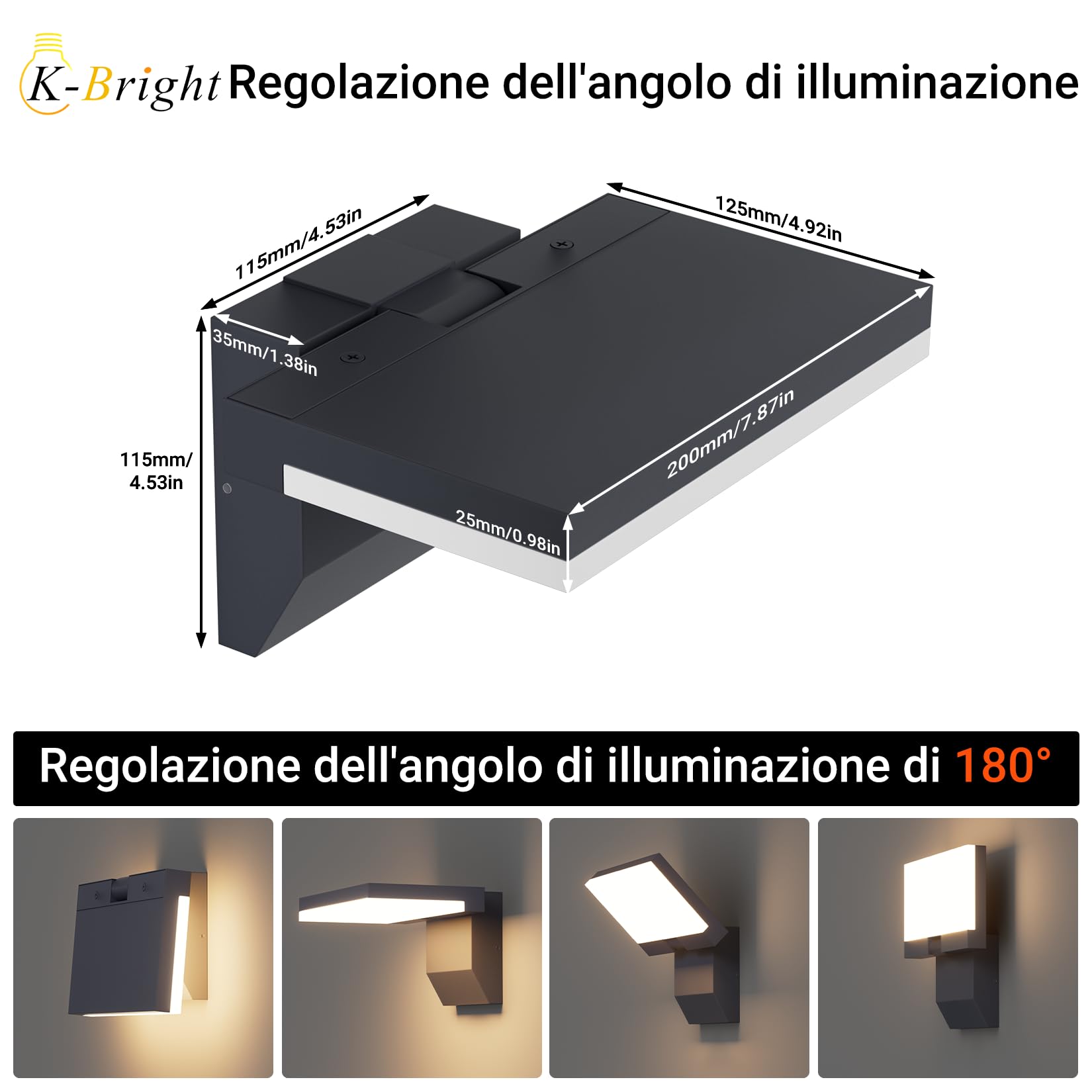 K-Bright 24W LED applique, Pannello ruotabile a 180°, lampada da Parete Bianco caldo 3000K, Impermeabile IP65 esterno applique per Terrazza Corridoio Giardini, Antipioggia Antracite