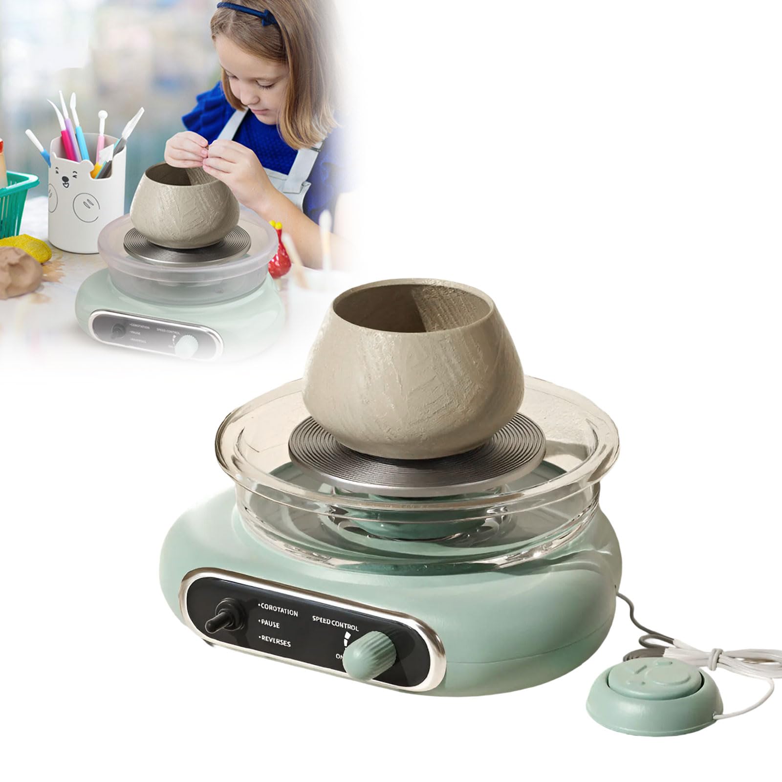 Mini-Töpferscheibe, 12cm Töpferscheibe für Kinder, Jugendliche und Erwachsene Anfänger, Plug-in-Motor, 1,32Lb lufttrocknender Ton, Bastelset für für keramische Arbeit Kunsthandwerk Töpferstudio (Grün)