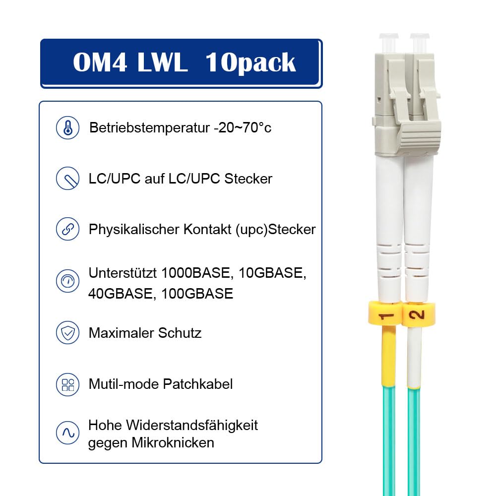 3M Lot de 10 câbles patch à fibre optique OM4 LC vers LC | Options de longueur : 0,2 m à 100 m, 40 Go/100 Go LC-LC 50/125 um multimode LSZH