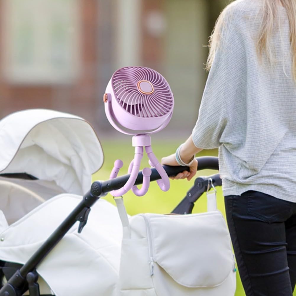 Tragbarer Kinderwagen-Ventilator, 8000 mAh, mit 360-Grad-Drehung, LED-Licht, abnehmbarem Kopf und 4 Geschwindigkeitsoptionen für den Einsatz (Rosa)