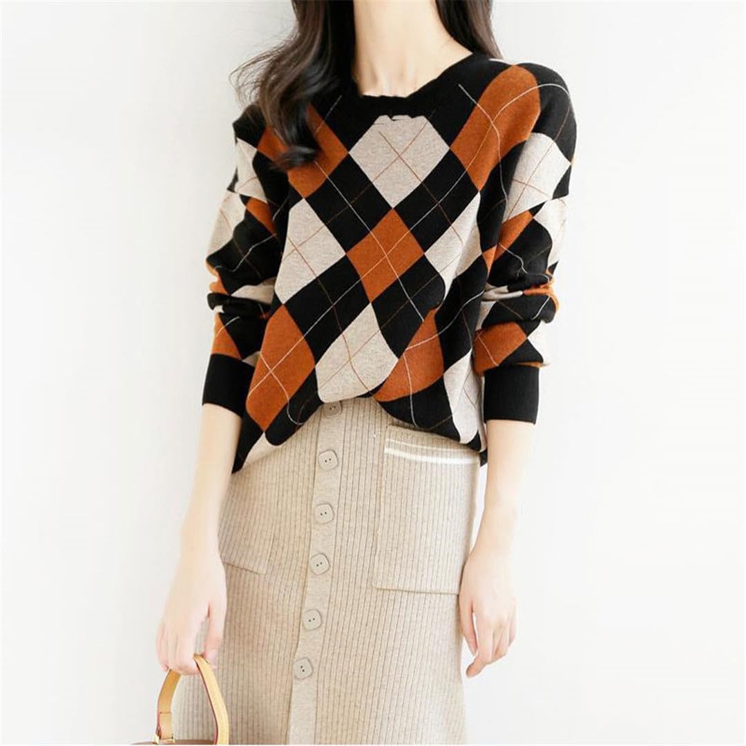 Suéter de punto elegante retro con cuello redondo para mujer, manga larga, suéter cálido para otoño e invierno