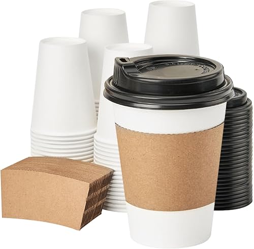 RACETOP [Paquete de 100] Tazas de café desechables con tapas de 12 onzas, tazas de papel caliente con tapas, taza para llevar con tapa