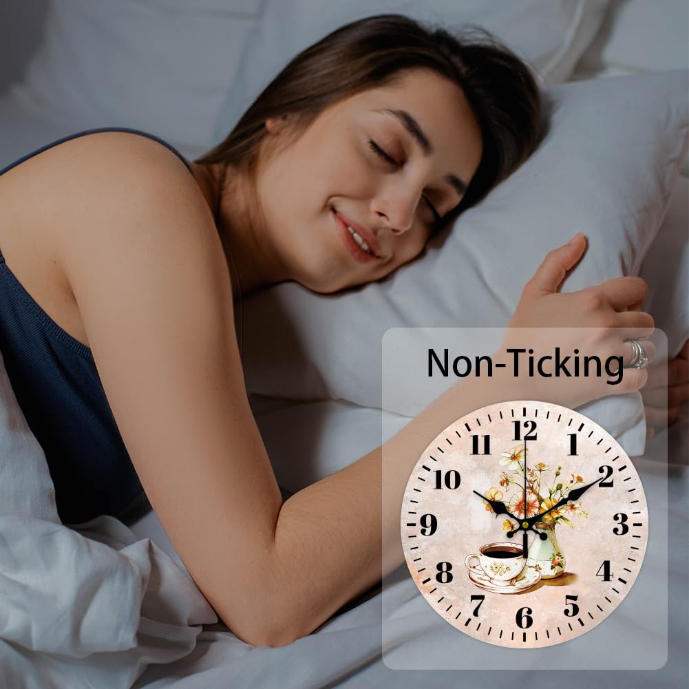 CHGCRAFT 12inch Coffee en Wall Clock Coffee Cup Flower Background Round Wall Clock Silent Non Ticking Clock for Office Home Living Room Bedroom Bathroom Kitchen Decor - Image 4