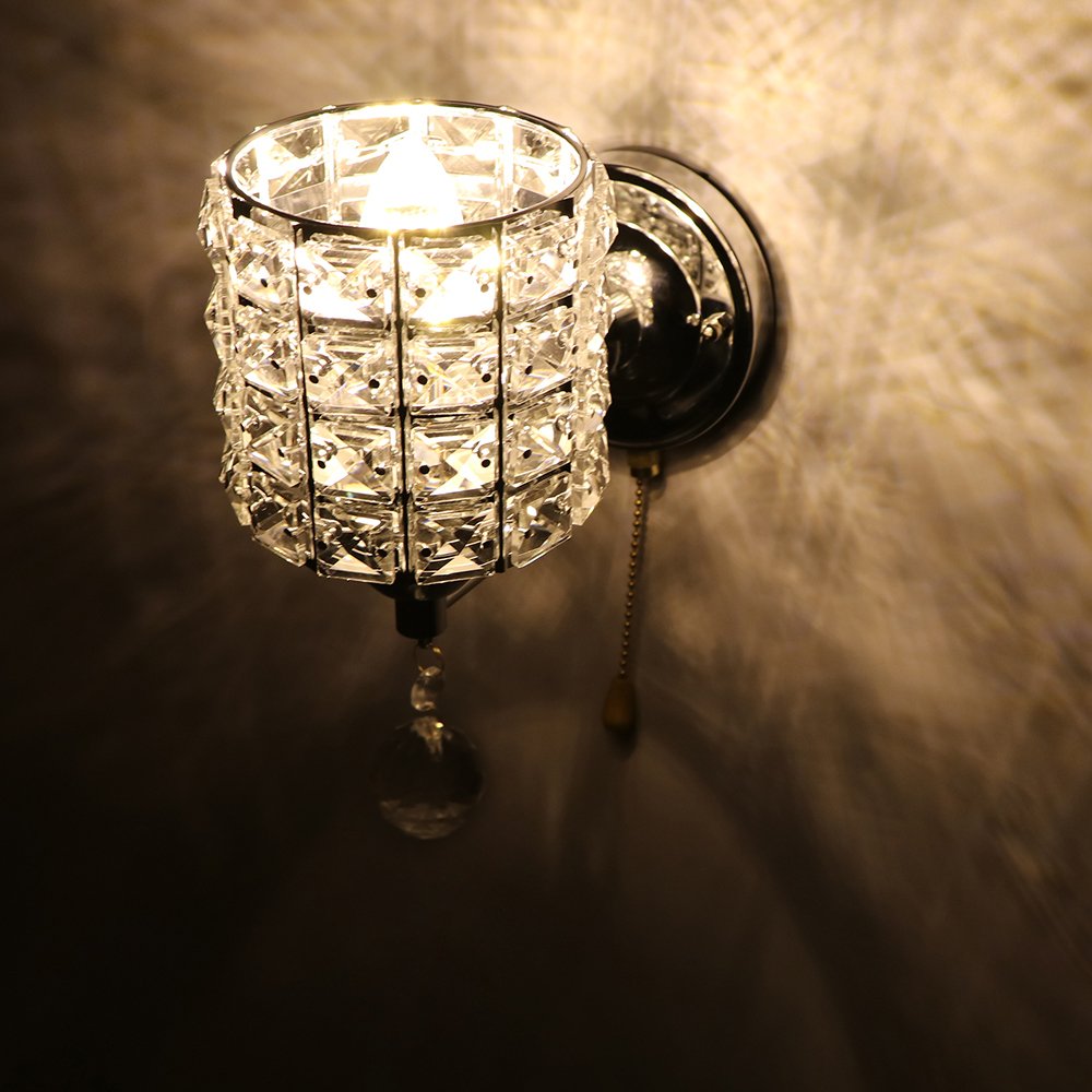 ALLOMN Moderne Wandleuchte, Kristall Pendelleuchte Schlafzimmer Gang Wohnzimmer Wandleuchte mit Leistung Ziehen Schalter E14 Steckdose (keine Lampe Enthalten) (Golden, 2 PCS)