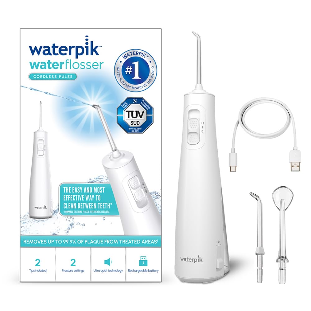 Waterpik Pulse Munddusche kabellos, Professionelle 99,9% Plaque Entfernung, 2x Intensitätsmodi, Zahnzwischenraumreiniger, 45 Sekunden Wassertankkapazität, 2x Aufsätze enthalten, weiß
