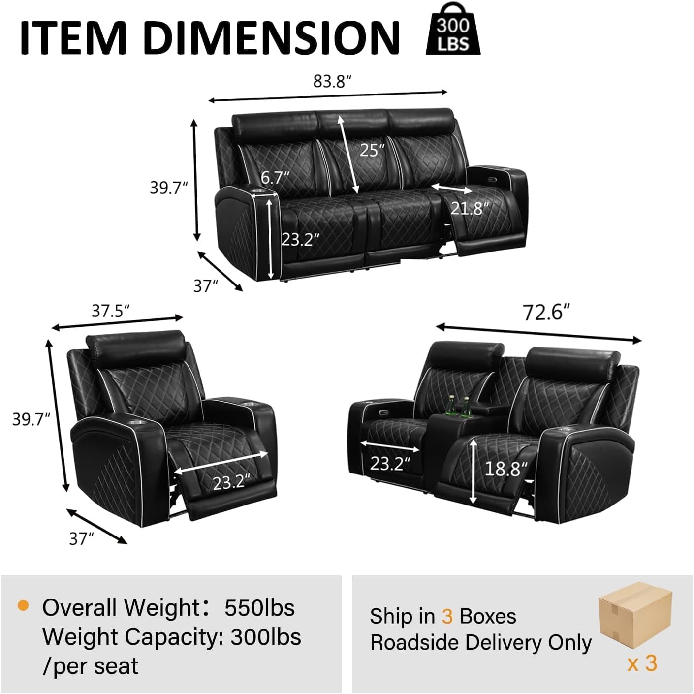 3 Pieces Power Reclining Sofa Set, Breathing Leather Couch and Recliner Set with Drop Down Table&Cup Holders, 2 Single Chairs and a 3-Seater Recliner Sofa for Home Theater (Black)