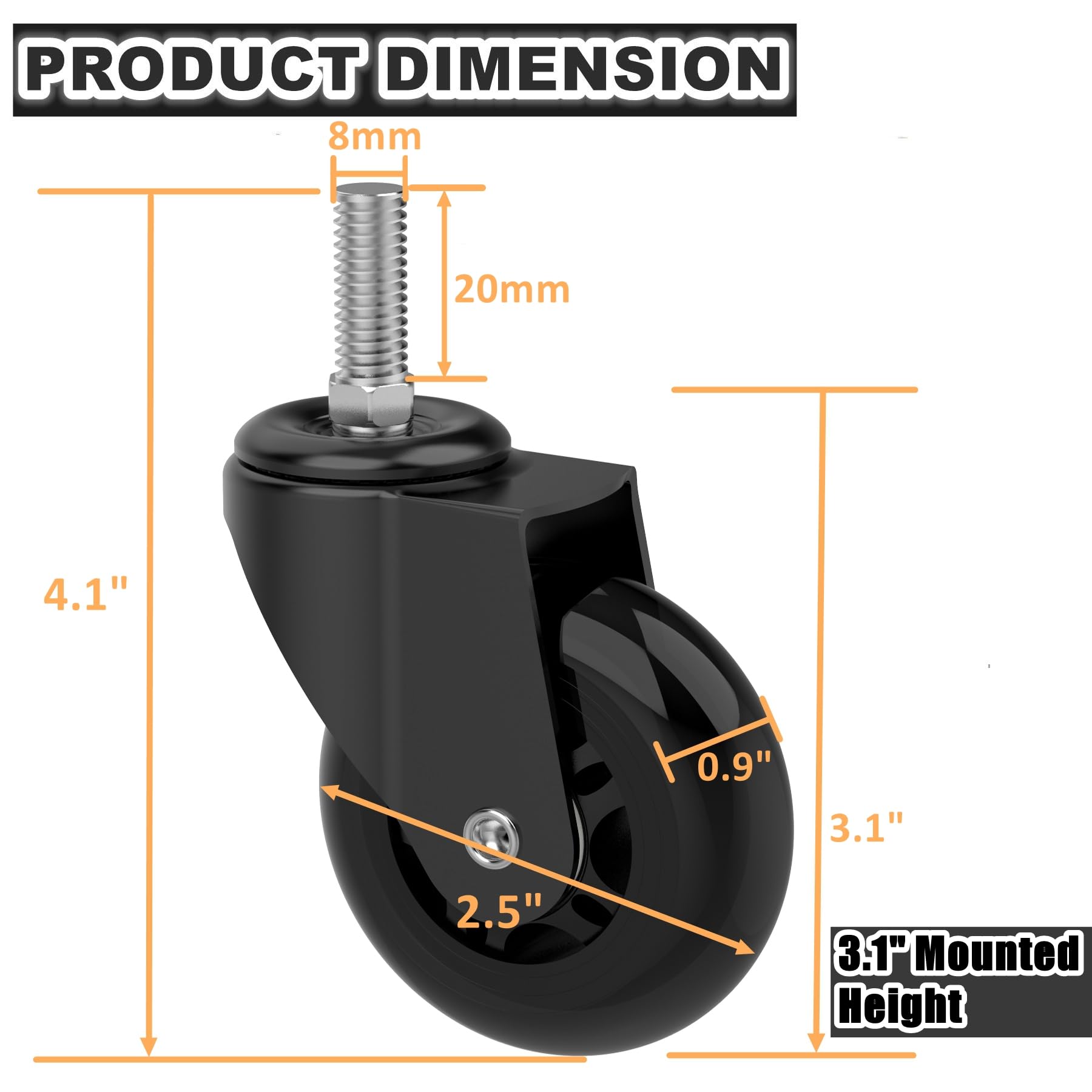 2,5-calowe kółka jezdne zamienne, zestaw 12 sztuk, kółka jezdne metryczne M8 x 20 mm