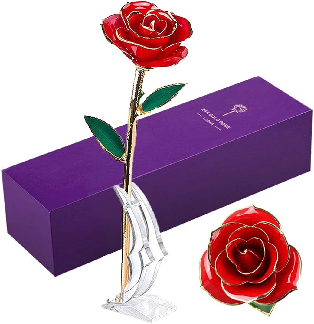 Gold Dipped Real Rose, Anniversary Women Day Rose Gift for Her/Mom, Long Stem 24K Gold Dipped Real Red Rose Flowers with Stand, Romantic Valentines Gifts for Her Girlfriend Wife