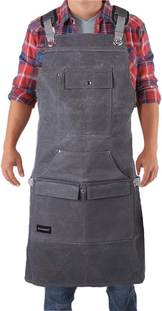 Waxed Canvas Tool Apron with Tool Pockets - Heavy Duty Work Shop Apron Water Resistant Adjustable Cross-Back Straps for Men Women Size S to XXL Gift for Carpenters Woodworkers Gardener by BOHARERS