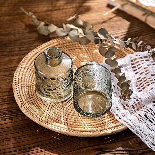 Wildmos Glass Bud Vase Set Of 3, Small Flower Vases For Decorative, Gradient Glass And Embossed Style Mini Glass Bottles For Home Decor, Vintage Glass Bottles For Centerpiece 3.3"-5.2''H(Green) #TOP4