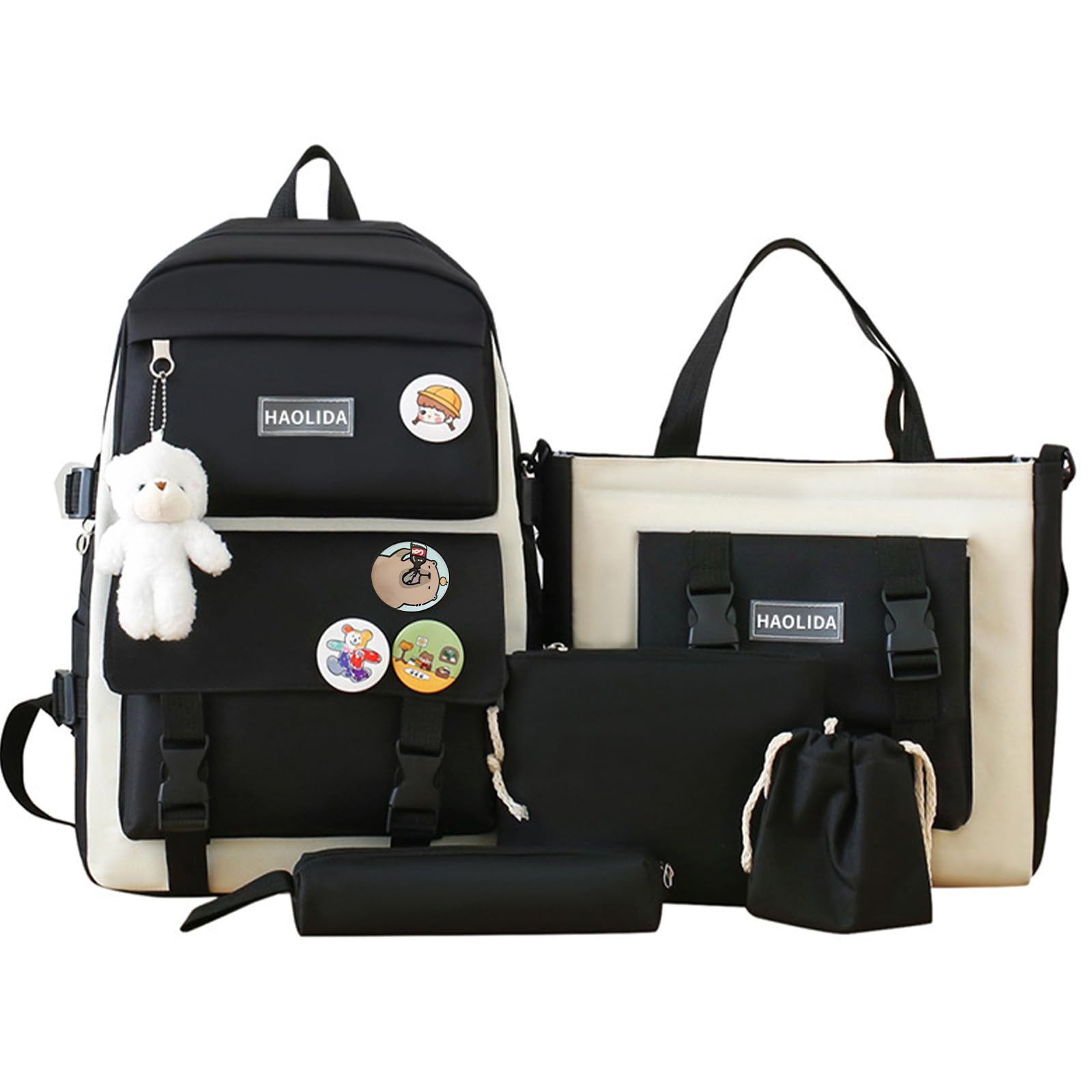 5 Pack School Bag, Necomi Teenager School Bag Backpack Middle School Student Laptop Bag, Waterproof, Accessories Plush Pendant, School Bags Comes with Tote Bag, Shoulder Bag, Pencil Box,Small Bag Black