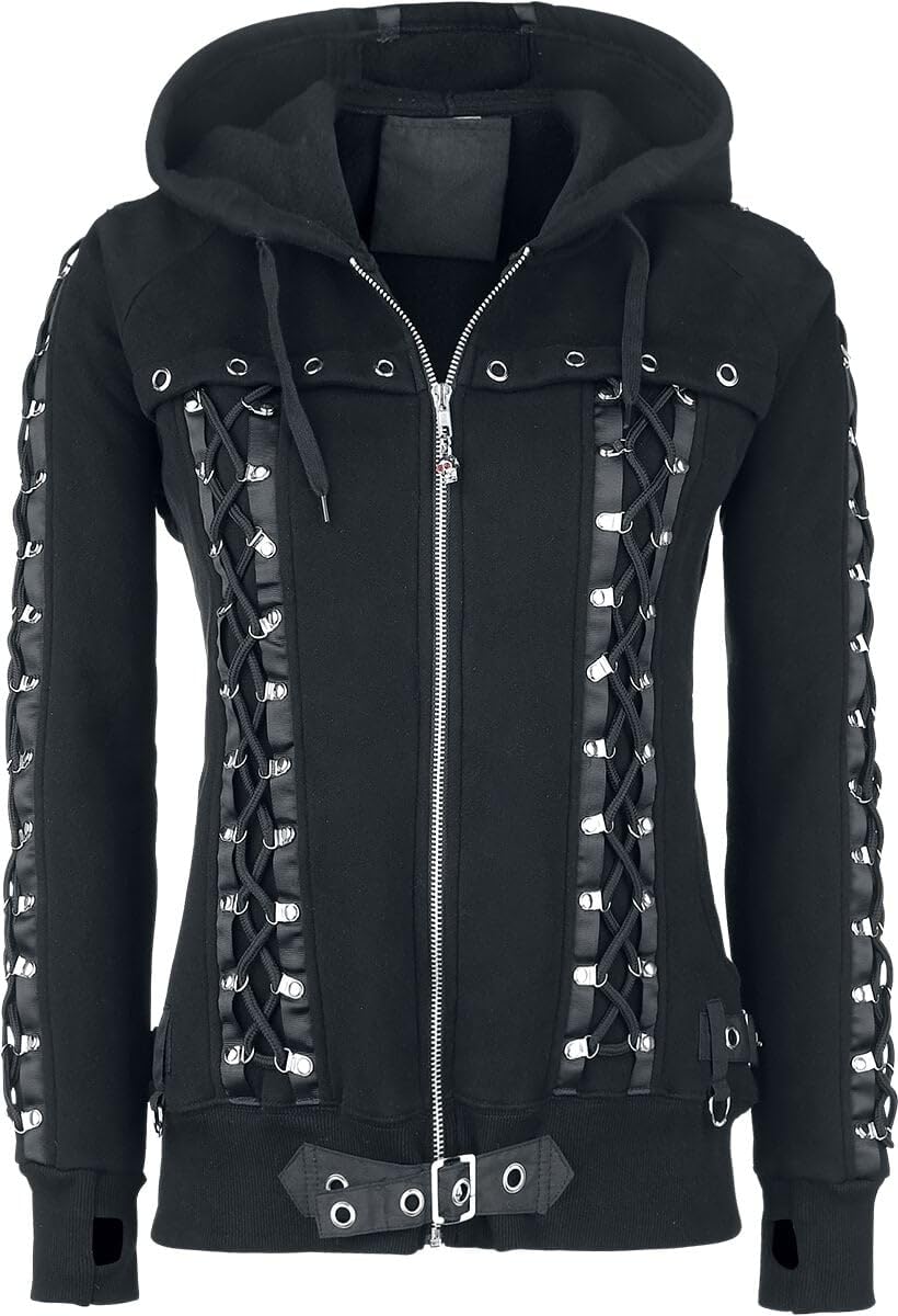 BannedCorset Hoodie Women Hooded Zip Black, mit Daumenlöchern, mit Nieten, Schnürung Regular