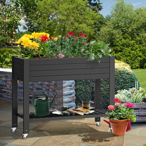 YITAHOME 3.6x1.5x2.8 FT Elevated Garden Bed Kit with Legs and Wheels, Outdoor Large Resin Planter Box Stand with Drain Plug and Storage Shelf for Plants Vegetables Fruits, Black by YITAHOME - Image 6