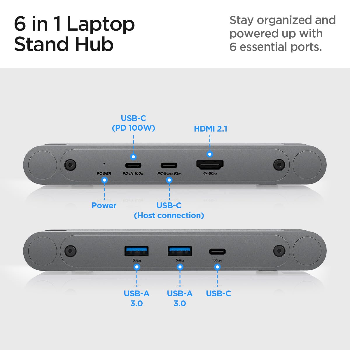 Spigen ArcDock Laptop Stand with 6 in 1 Hub USB-A 3.0, USB-C 3.0, PD 100W, 4K 60Hz HDMI Universal Adjustable Folding Laptop Dock with 360 Rotating Base - Space Grey 10 618k821Qr+L. SL1200