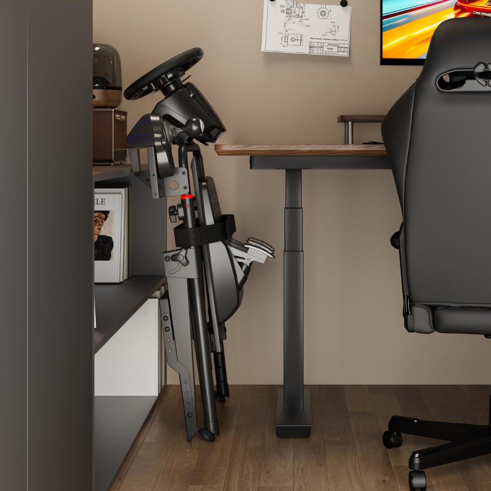 Ranqer Racing Wheel Stand Pro – składany stalowy stojak do kierownicy z regulacją wysokości i kąta, zintegrowanym mocowaniem fotela, kompatybilny z Logitech, Thrustmaster, Fanatec i Simagic – czarny