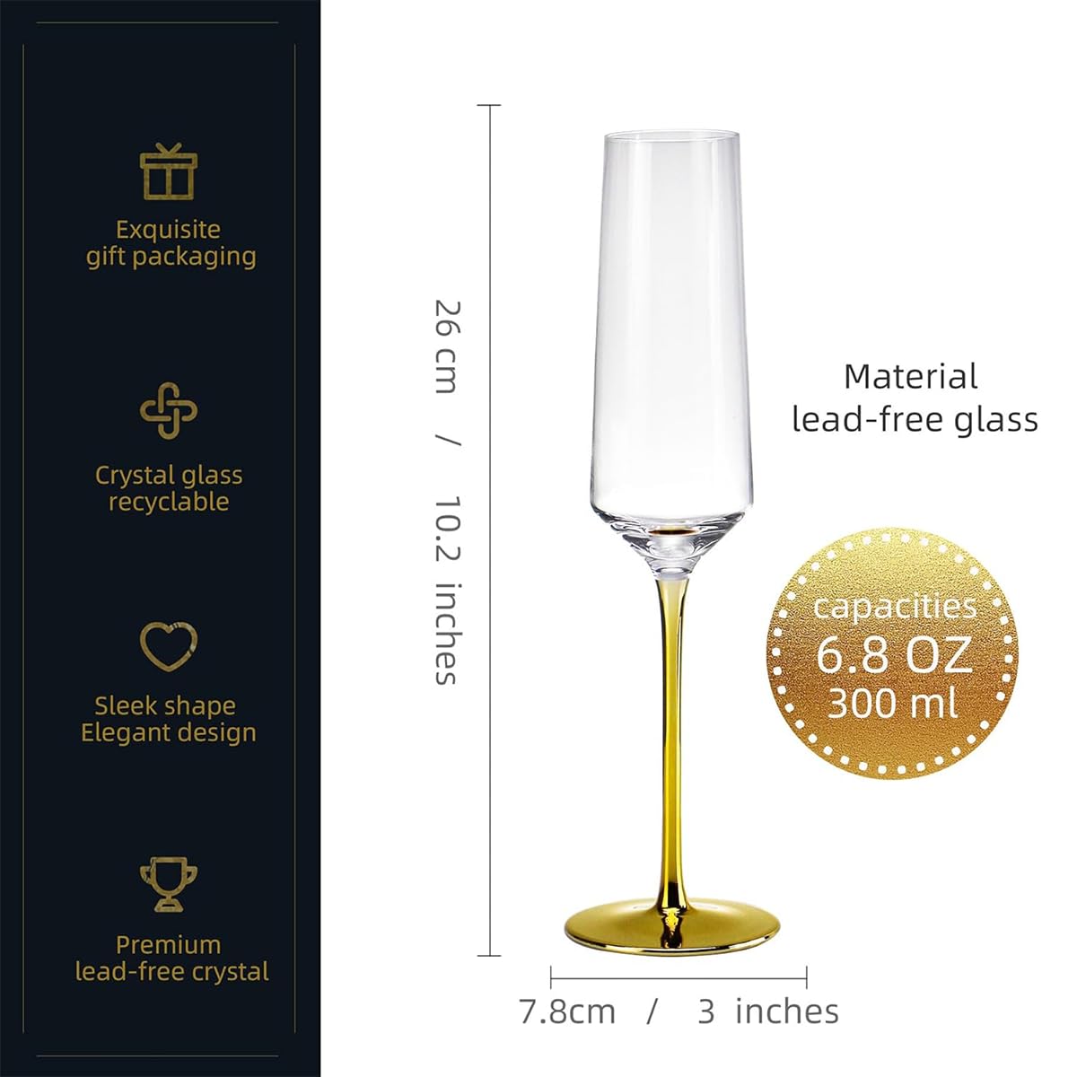 Melbify Gold Stem Champagne Glass | Set of 2 | 300 ml | Imported Wine Glasses | Luxury Wine Glass Set | Fancy Designer Wine Glasses | Unique Gift Pack 2
