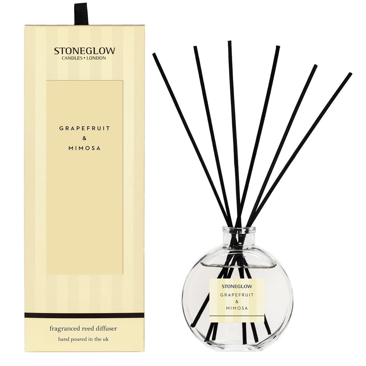 Stoneglow Modern Classics Grapefruit & Mimosa Scented Reed Diffuser 120ml with 12 Rattan Reed Diffuser Sticks, Grapefruit Blackcurrant Apple Mimosa & Lilac, Lasts 10 Weeks, Refillable Home Fragrance