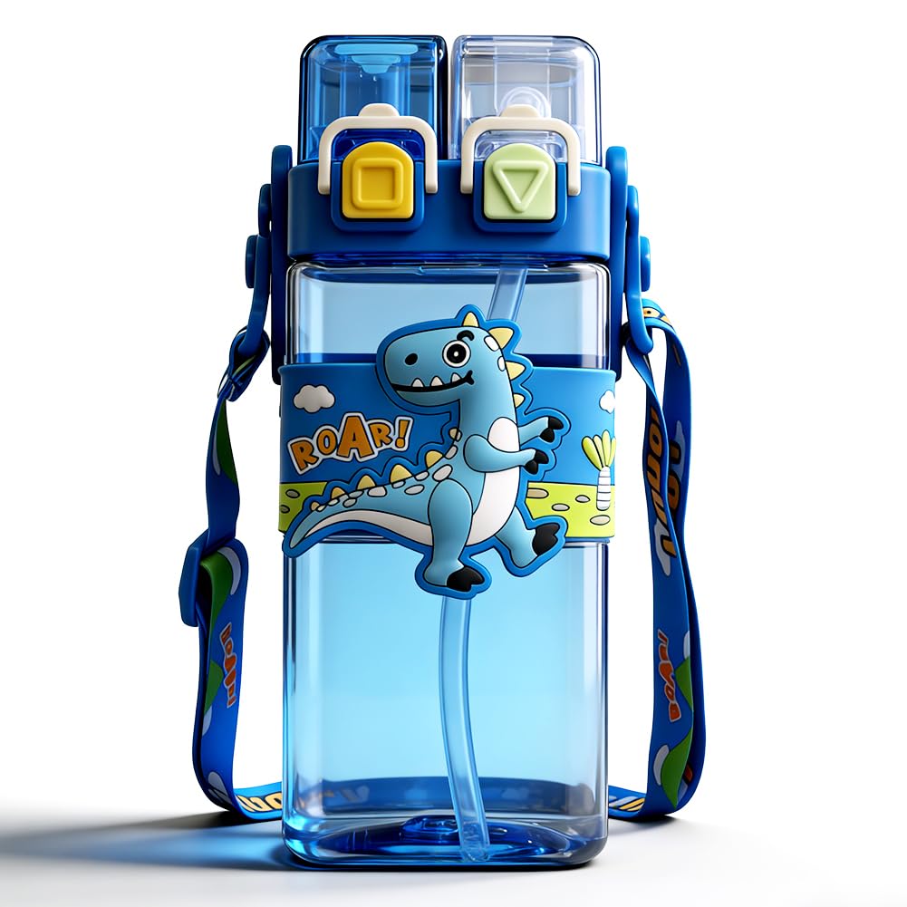 WFKKMEQ Dinosaur Water Bottle with Straw, Dinosaur Drinking Bottle Water Bottle Bottles with Straw and Adjustable Strap Double Drinking Leakproof Sports Bottles for School (520ML) Animal set
