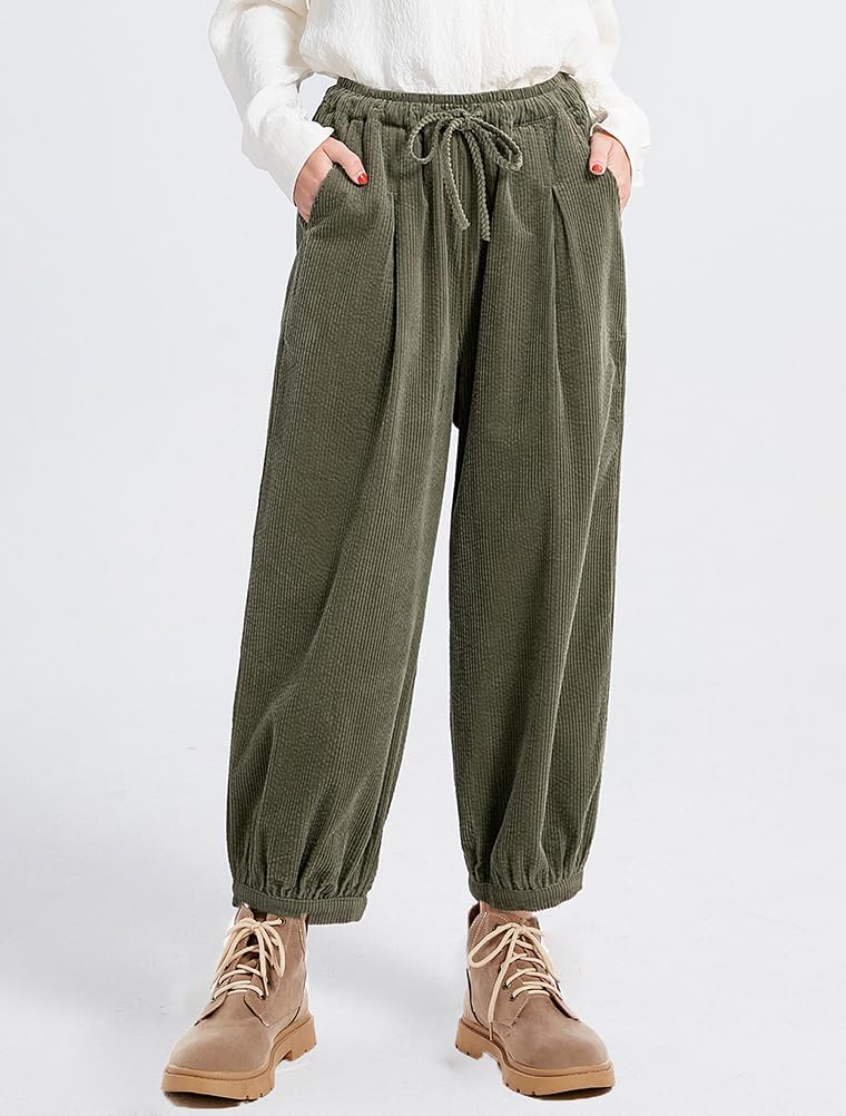 FTCayanz Pantalon Femme Velours côtelé Ample Sarouel Coton Tapered Trousers Élastiquée Taille Bloomers Pants