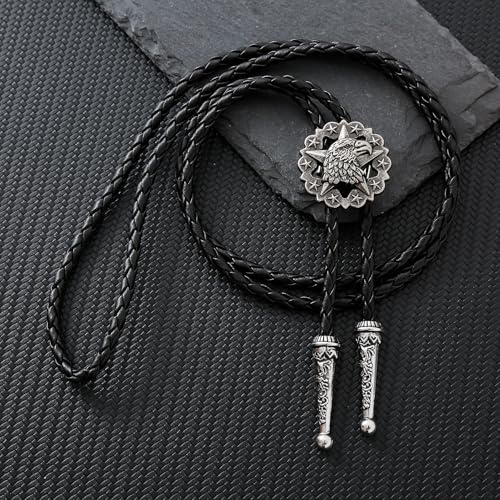 Image of Btilasif Bolo Tie for Men, Vintage Star Eagle Western Cowboy Tie Leather Necklaces Neckties, Western Accessories for Women Men, Silver