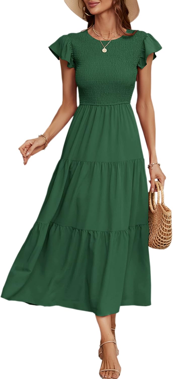 ECOWISH Women's Summer Dresses 2024 Elegant Lady Wedding Guest Cocktail Ruffle Cap Sleeves A-Line Office Midi Dress