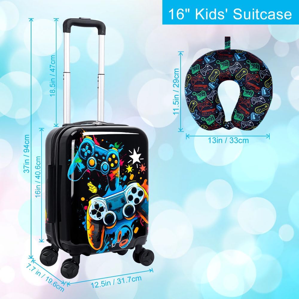 UFNDC Lightweight Hardshell Spinner Kids Suitcase Set 2PCS with Wheels - Airplane Approved Carry-On Luggage for Boys & Children Ages 3-10, Fun Game Rolling Suitcases for Elementary Toddler Travel