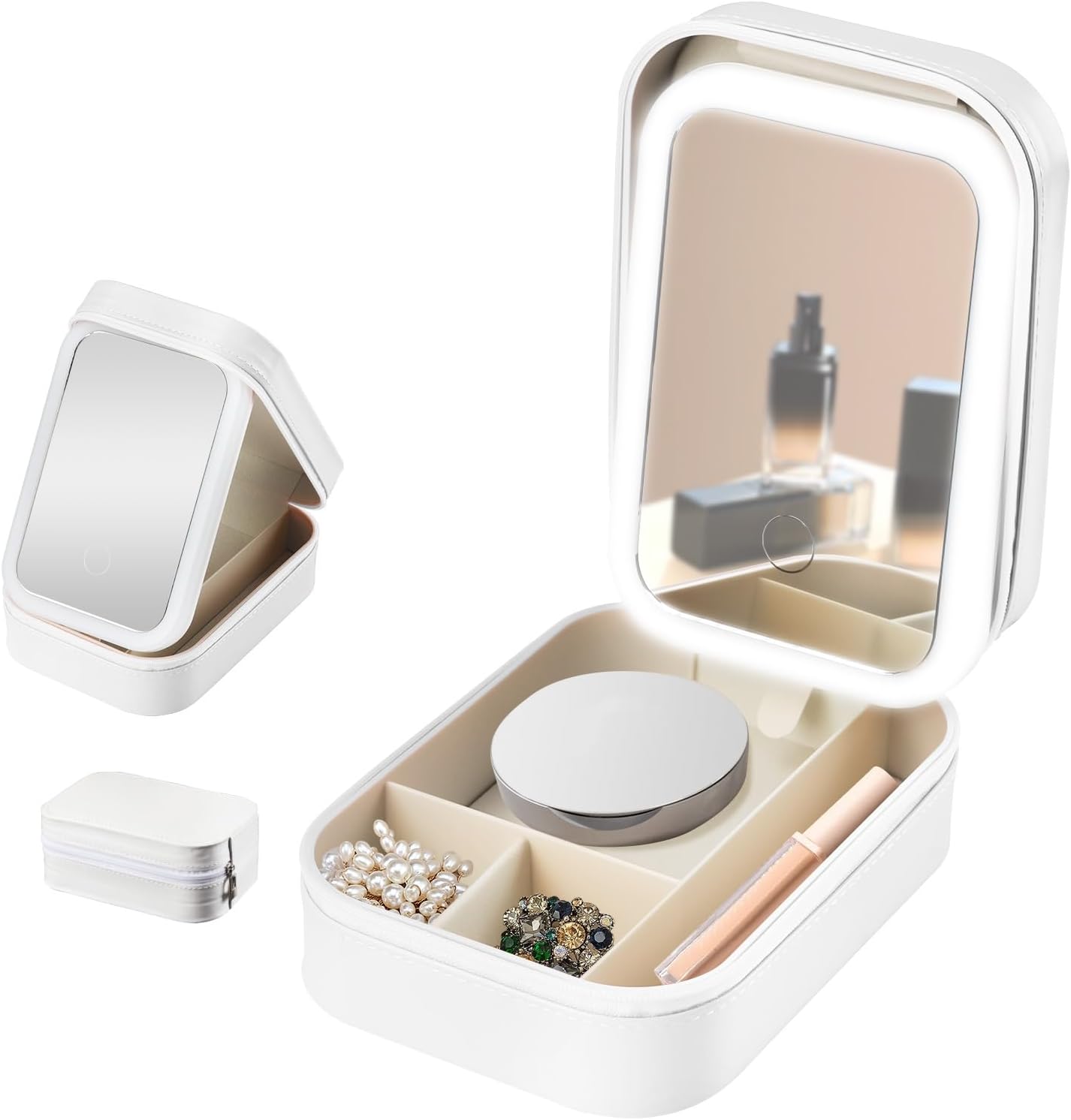 Travel Makeup Bag, Makeup Vanity Box with Mirror and Lights, Vanity Case with 4 Dividers Compartment for Women, 3 Colors Modes (White)