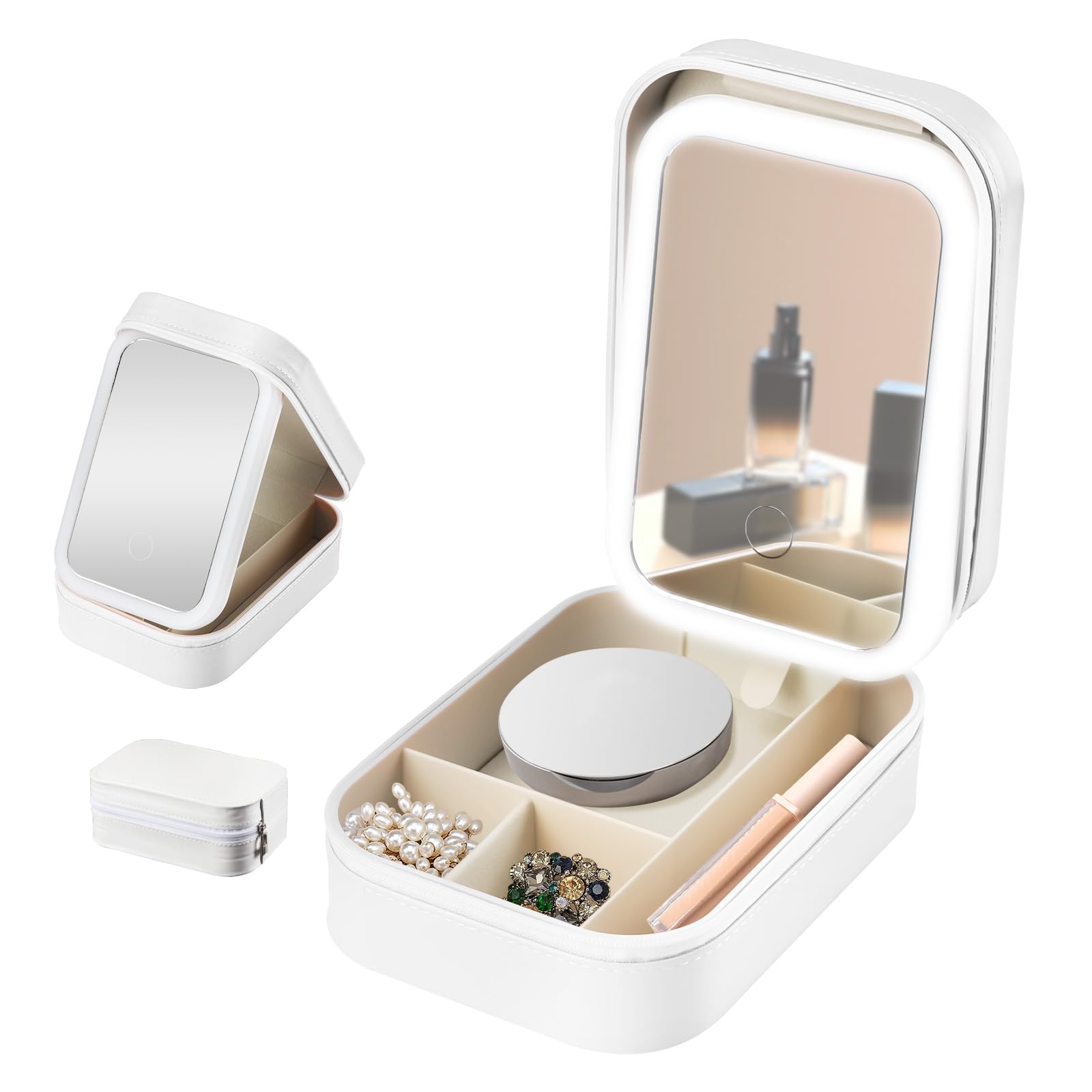Travel Makeup Bag, Makeup Vanity Box with Mirror and Lights, Vanity Case with 4 Dividers Compartment for Women, 3 Colors Modes (White)