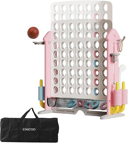 Miniatura 9 de UNICOO Juego gigante 4 en una fila con bolsa de transporte, aro de baloncesto, juego de lanzamiento de anillo, juego de 4 a puntuación Juego Rojo