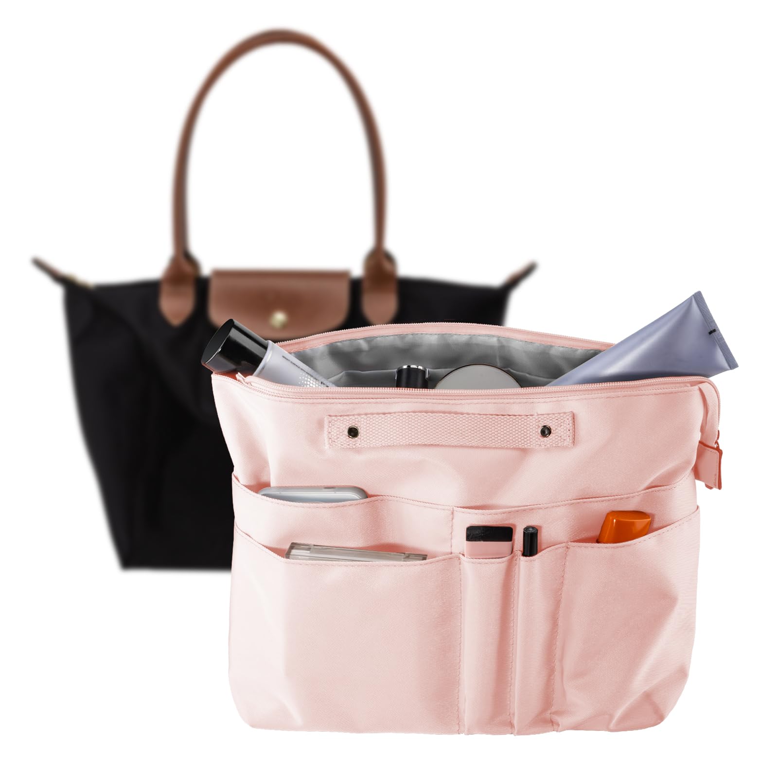 HYEPNED Bag Organiser for Longchamp Le Pliage Large, Handbag Organiser Insert with Zipper and 15 Pockets for Women Tote Bag (pink, L)