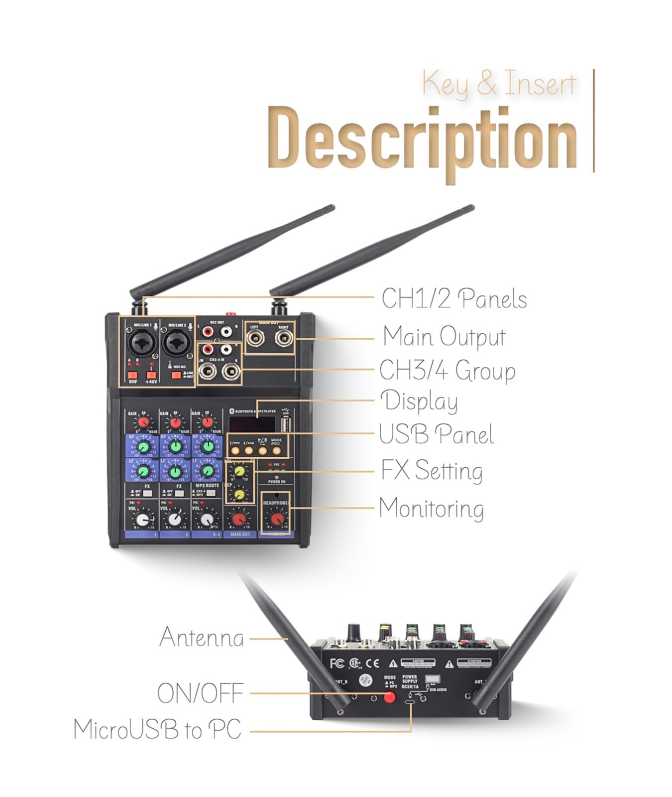 Mezclador de DJ, Mezclador De Audio Dj Consola 4 Canales Con Micrófono Inalámbrico UHF Mezcla Sonido 48V Phantom Power, Estudio