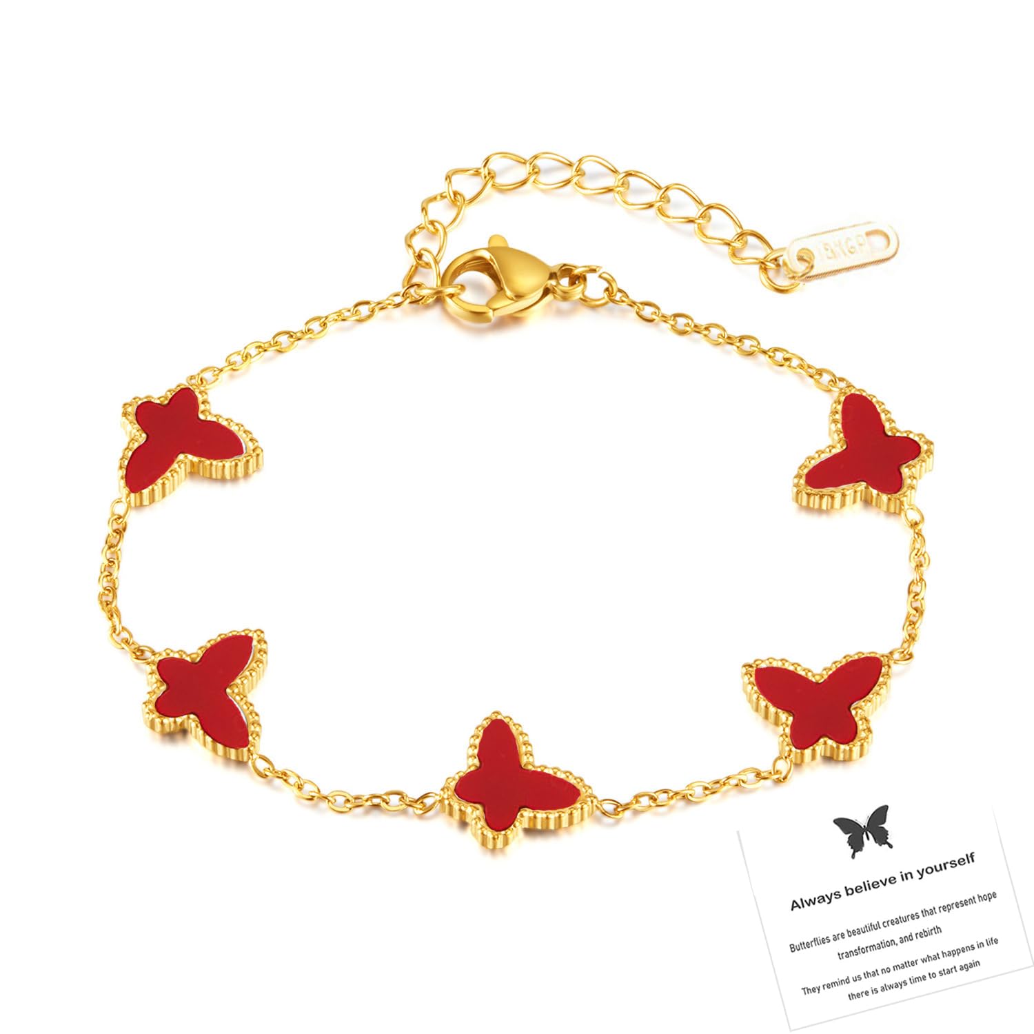 Lucky Butterfly Bracelet Designer Dupes, 18k Gold Plated Minimalism Double-Sided Mother Of Pearl Shell Dainty Adjustable Chain Bracelet For Women