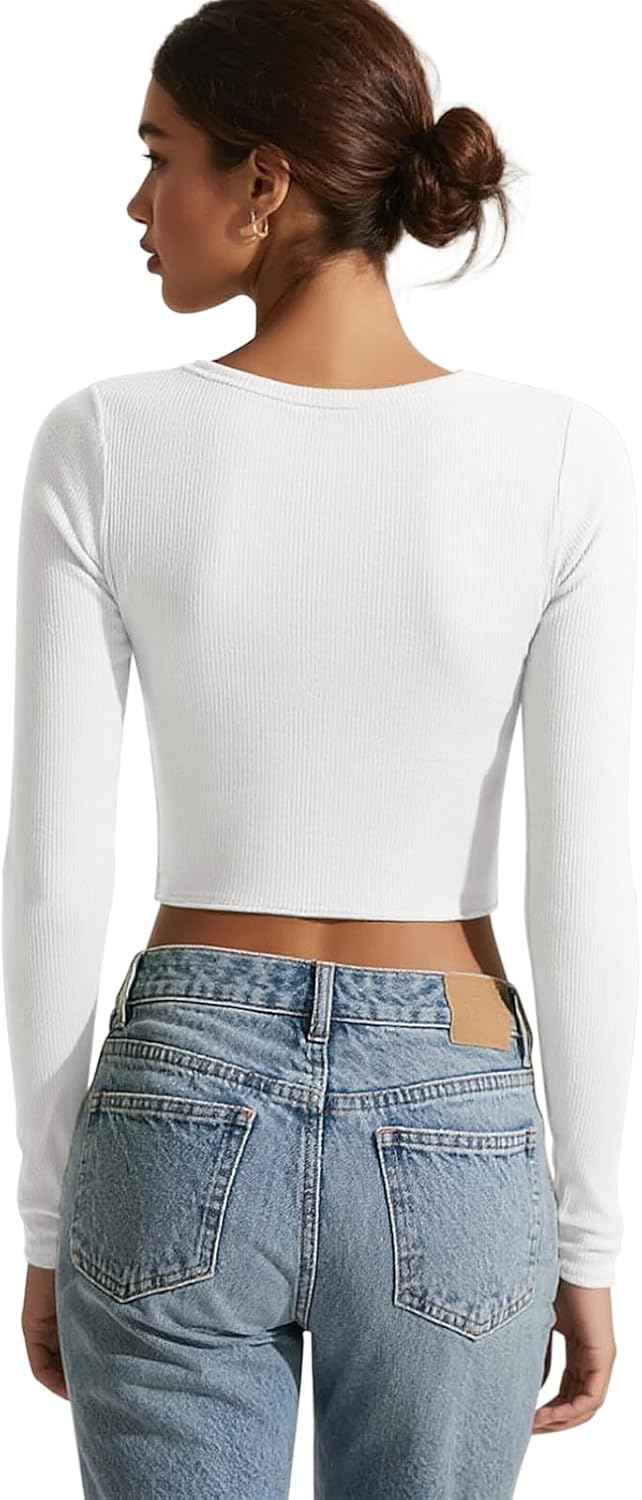 Women’s Long Sleeve Shirts Scoop Neck Crop Tops Ribbed Basic Casual T Shirt Fall Outfits - Image 6