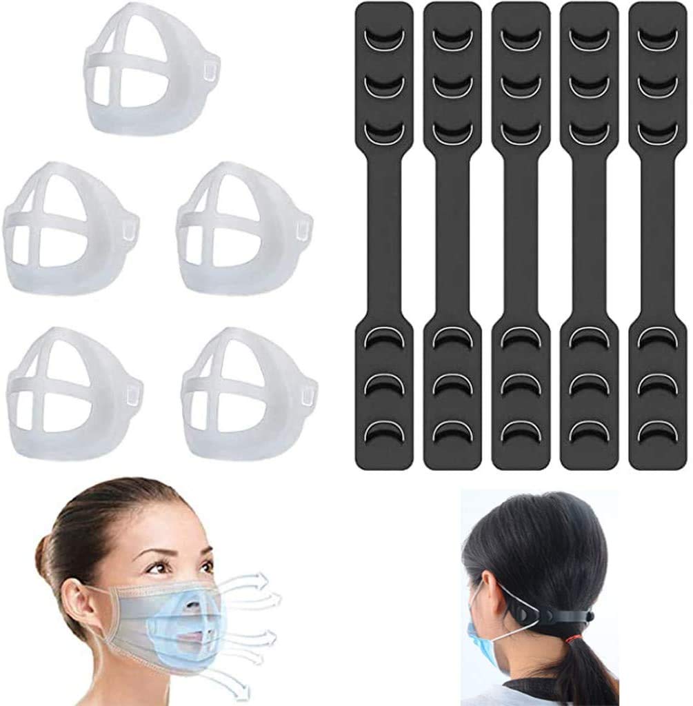 5pcs Enhance Breathing Space Face Protective Brackets Set with 5pcs Face Coverings Extender Ear Savers, Silicone Breathable Lipstick Protection, Face_mask Reusable Inner Frame, White