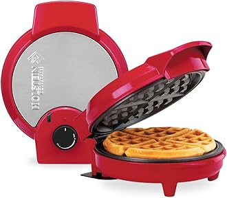 7" Belgian Waffle Maker, Non-Stick Coating, Red/Stainless Steel, Delicious Waffles in Minutes for Everyday Meals. 7 Inch