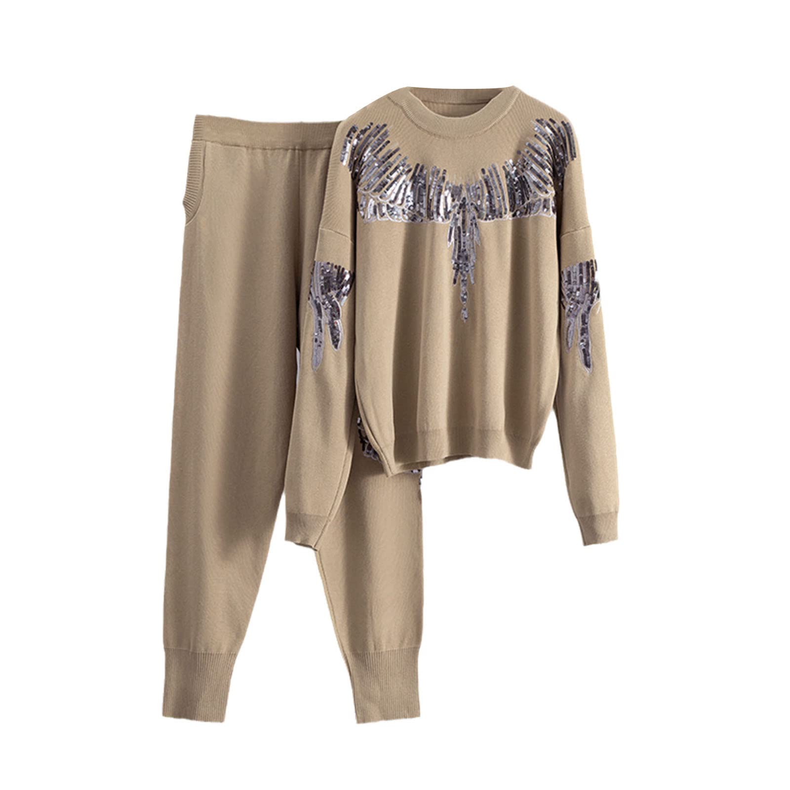 Kelsiop Luxury Sequin Knit Womens Sweater Activewear Pullover 2 Piece Harem Pants Set