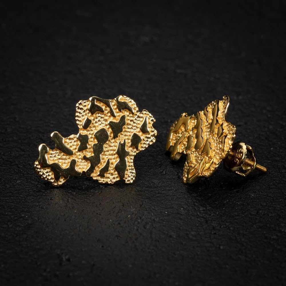 Men's Large 14k Yellow Gold Plated 925 Sterling Silver Screw Back Post Retro 90's Hip Hop Hypoallergenic Ear Ring Textured Solid Gold Big Nugget Stud Earrings For Men
