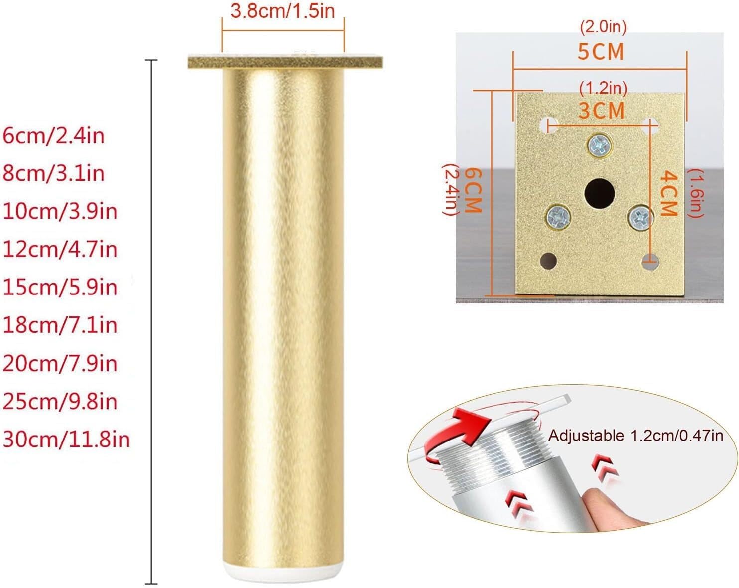 Juego de patas ajustables de metal para muebles de baño, patas de muebles de aluminio con tornillos, acabado dorado (20 cm, 18 cm)