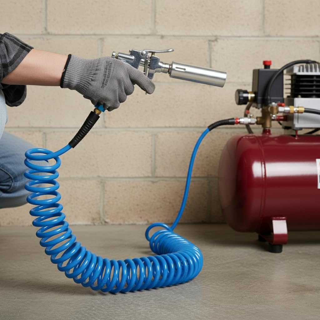 DYNAMIC POWER 25 Feet PU Recoil Air Hose With 1/4" MNPT Swivel Ends And Bend Restrictor Fittings (120 PSI)