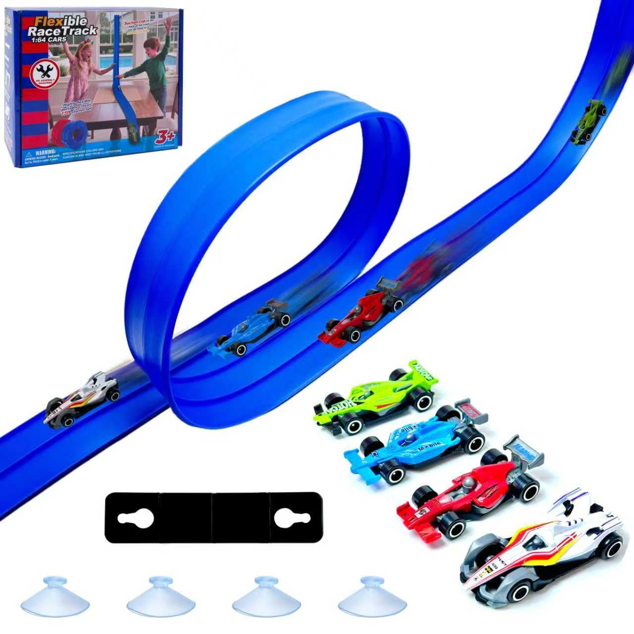 DONGTATA 4M Flexible Racing Track Set DIY Car Track with 4 Cars, Car Race Track with Suction Cups