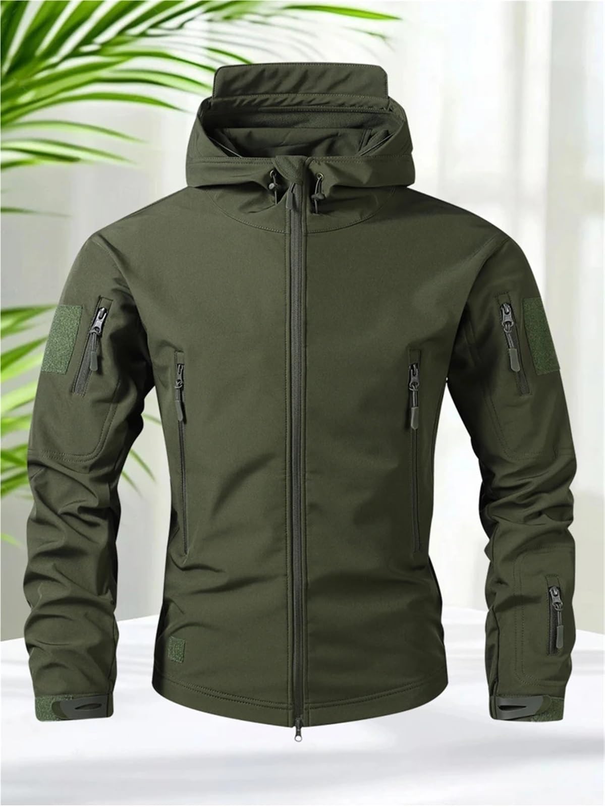 Giacca impermeabile da uomo, softshell, for escursionismo, caccia, multitasche, con cappuccio, fodera in pile, resistente alla pioggia Per Uomo
