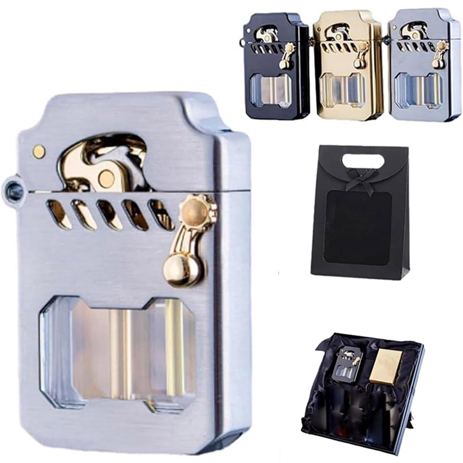 Encendedor retro de queroseno en metal resistente con tanque transparente de estilo fresco